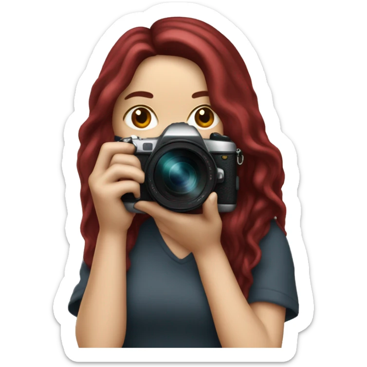 white girl photographer with long burgundy hair and Canon camera sticker