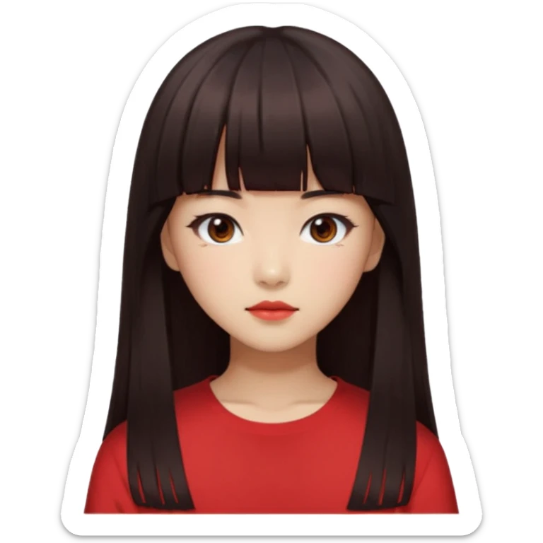 Korean girl, red top, black brown hair, brown eyes, long hair, cool girl, aesthetic, long hair, hime cut, blunt bangs sticker