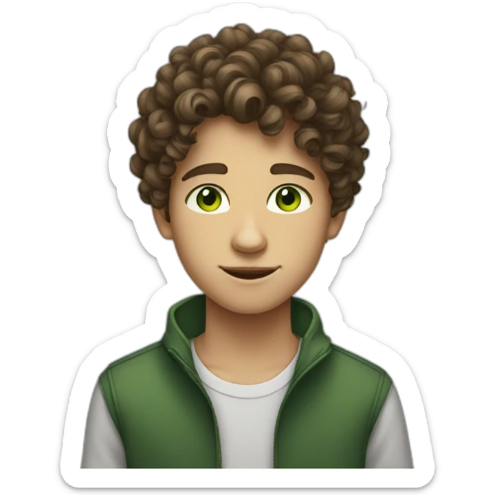 a boy teenager with curly brown hair and green eyes sticker