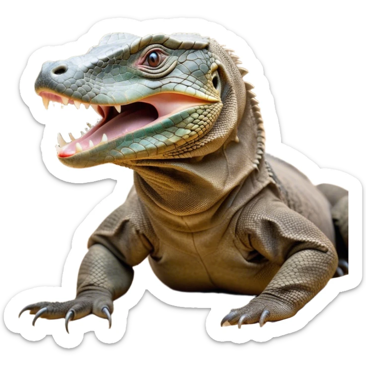 Cinematic Realistic Cute Yawning Komodo Dragon Portrait Emoji, Head tilted slightly with a dramatic, wide-open yawn, showcasing a soft, rugged scaled hide with subtly drooping features and half-closed, drowsy eyes rendered in authentic detail, high shine, relaxed yet expressive, styled with a dash of natural desert charm, soft glowing outline, capturing the essence of a sleepy yet affectionate Komodo dragon that appears ready to stretch out for a deep, restful nap! sticker