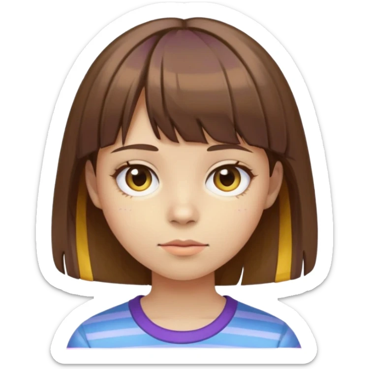 Girl with brown hair short with bangs, yellow skin, has a face like this "-_-", wearing a blue purple striped shirt. sticker