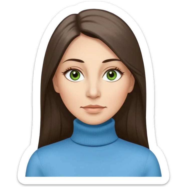 43 year old Adult woman avatar, light skin tone, long, oval face, long straight ashy brown hair, green almond-shaped eyes with dramatic eyelashes and minimal eyeliner, neutral mouth, medium straight eyebrows, average nose, smooth skin,  sky blue turtle neck  sticker