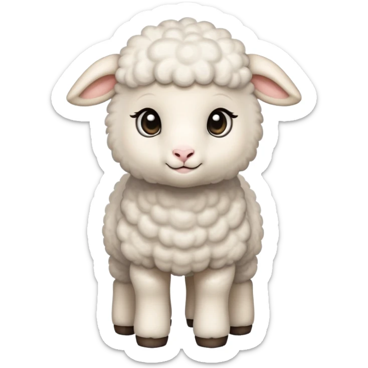 An emoji of a cute, fluffy lamb. Soft white wool, small ears, and gentle eyes, standing or lying down in a peaceful and adorable pose. Represents innocence, farm animals, and warmth sticker