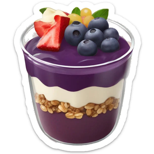Açaí in a clear cup with layers of fruits and granola and condensed milk sticker