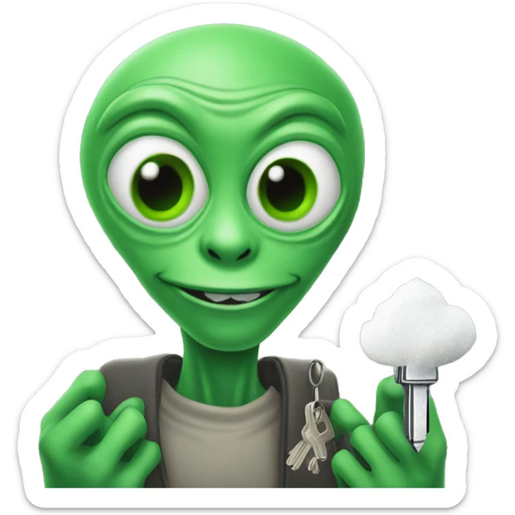 green alien with a mound of white powder in hand and house key in other  sticker