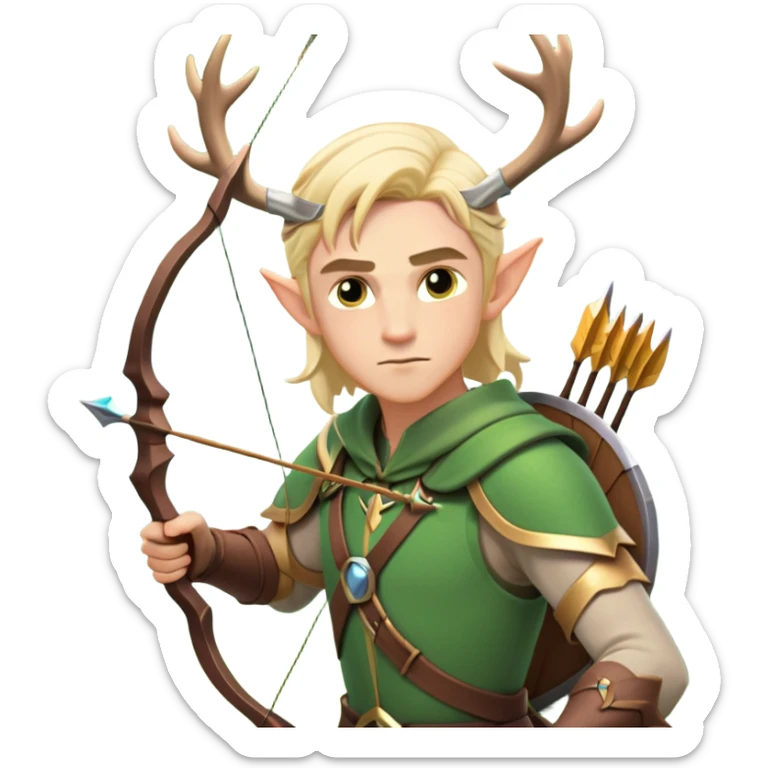 clash-of-clans-aesthetic-blond-male elf-archer-portrait-emoji, rendered in a flat, vector-style with minimal shading and bold holding his bow, simplified shapes, head tilted slightly forward with a determined, focused expression, riding a majestic stag whose antlers glow with mystical energy, set against an ancient, enchanted forest backdrop. sticker