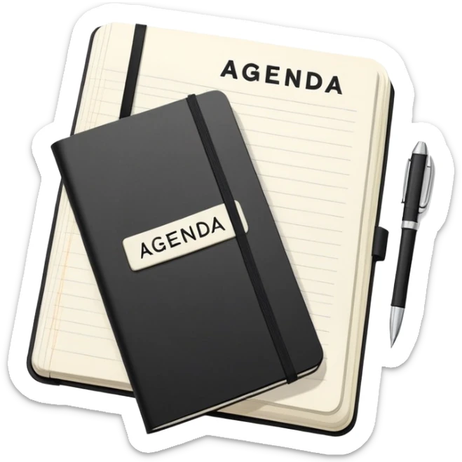 An open black Moleskine notebook with 'AGENDA' written in bold at the top of the page and meeting items with bullet points clearly visible below sticker