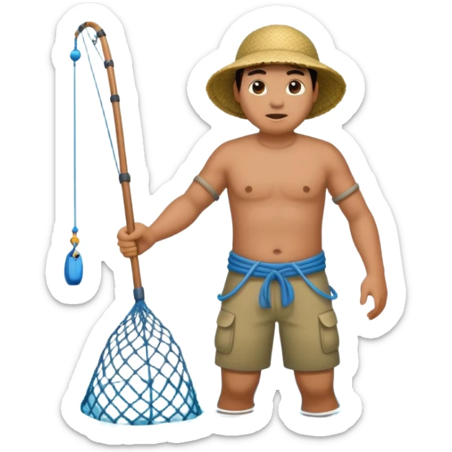 A Polynesian fisherman standing in the water fishing with a large net sticker
