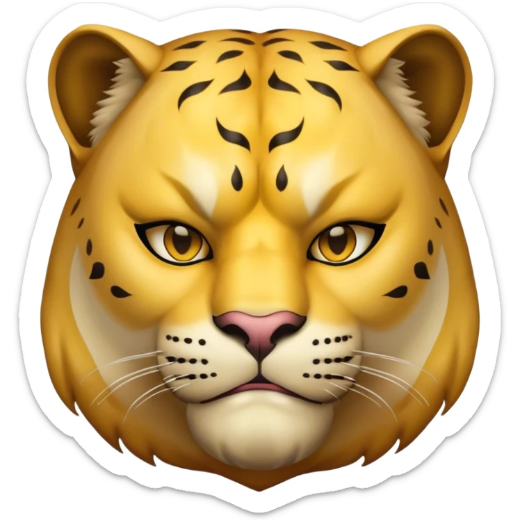 a fat man, with a vest,  wear half-face golden panther mask sticker