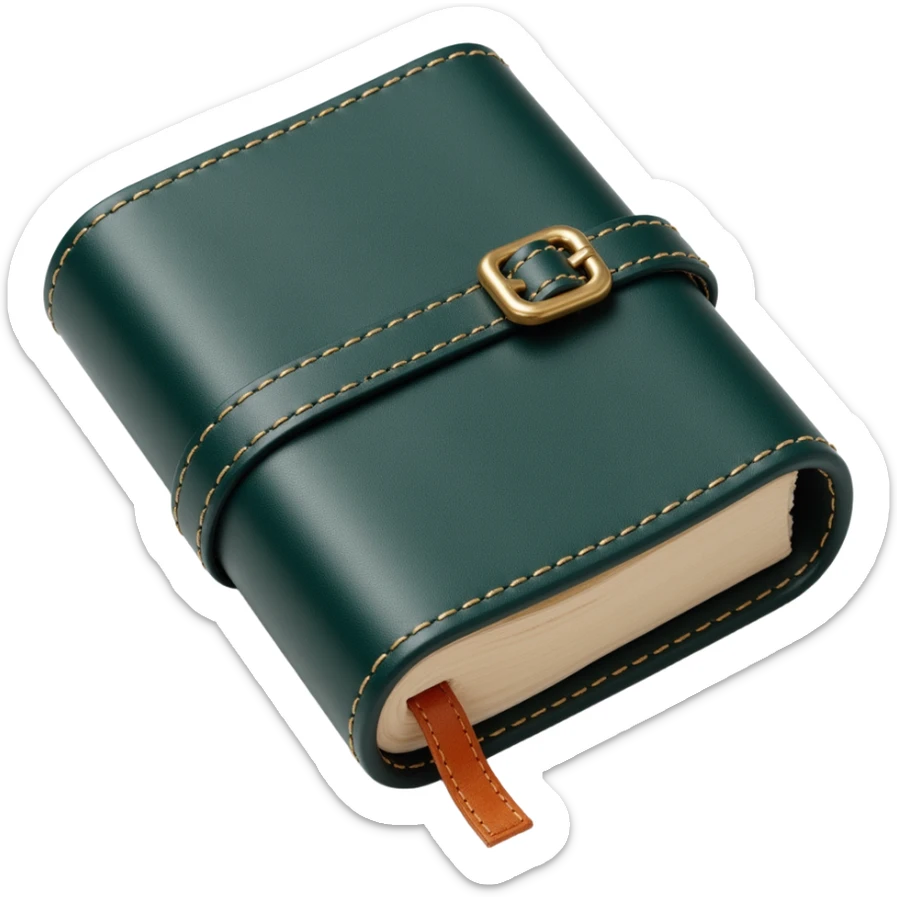 leather-textured notebook icon in skeuomorphism style with stitching details and realistic shading, dark green leather cover sticker
