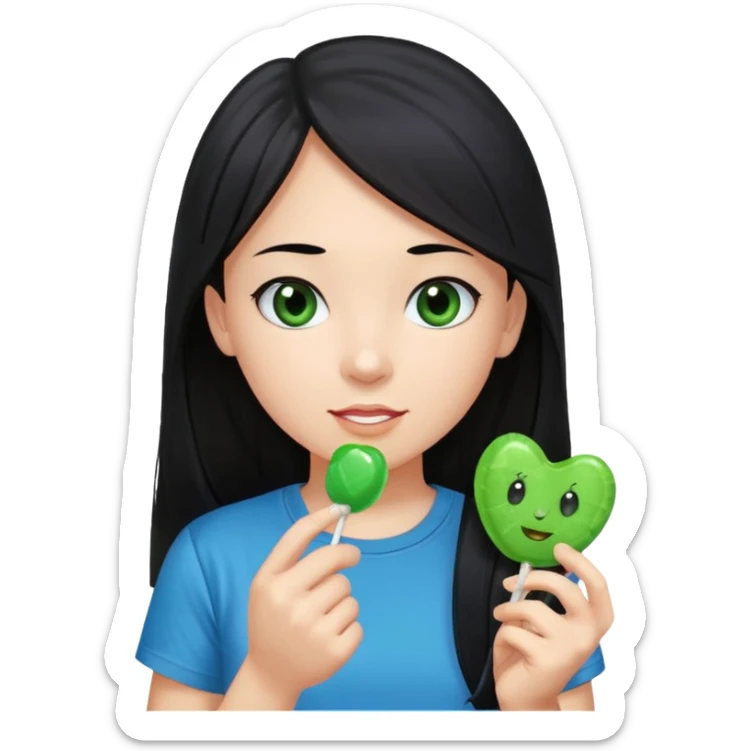 A girl with long black hair and black eyes wearing a blue t-shirt holding a piece of green hard candy in one hand and a green candy wrapper showing a guava on it in the other hand sticker