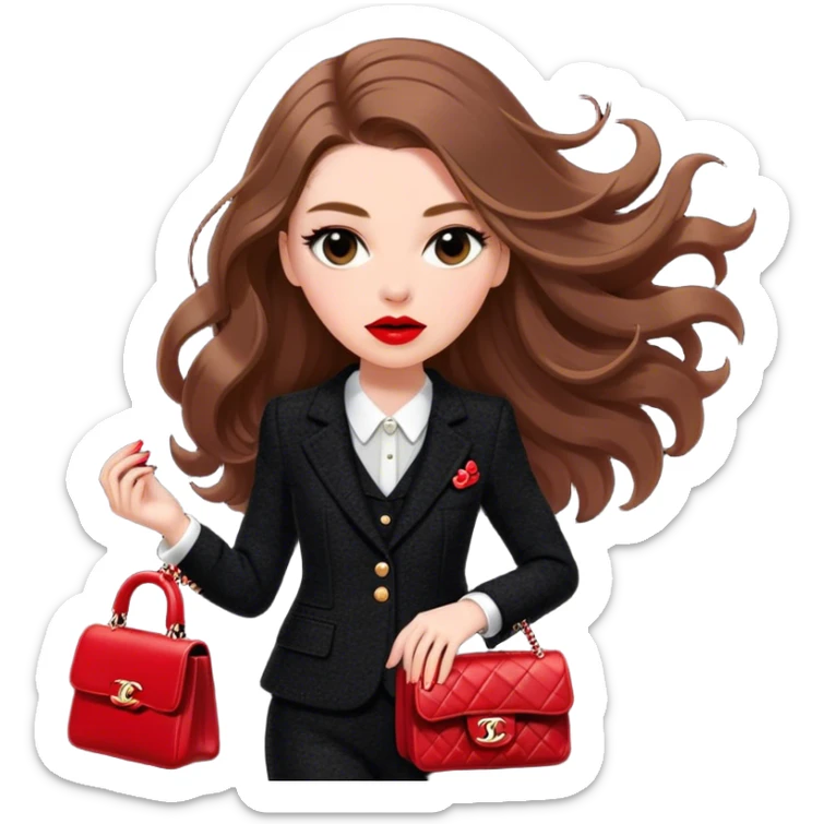 White girl with brown long hair dressed up in black chanel tweed suit with a red chanel bag and red lipstick. Close up with wind blowing her hair looking fancy sticker