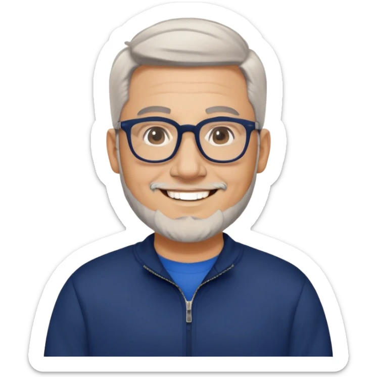 Light-skinned wider-built man with oval face, very close-cut hair (shorter on top, skin fade), short graying beard, big black glasses frames, happy smile, navy blue zip-up sweatshirt with long sleeves sticker