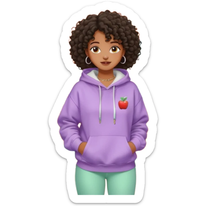 Black girl, clean girl aesthetic, 4C curly hair in a puff, pastel hoodie, white sneakers, minimal jewelry, soft smile, cozy vibe, bright colors, Apple-style café da manhã  sticker