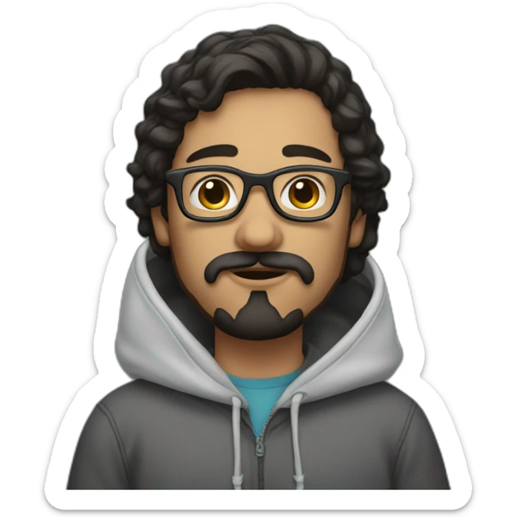 Young man with dark hair moustache and beard wearing a hoodie and glasses sticker