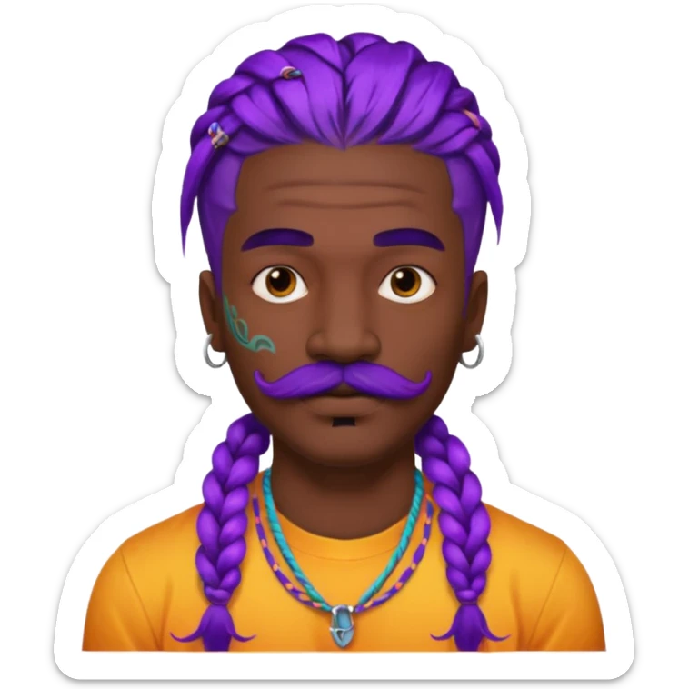 big lose braids starting from the top of the head man with mustache face wiith big visible loose only two braids and lots and lots of colored face tattoos colored tattoos like a tattoo artist hair unique color sticker