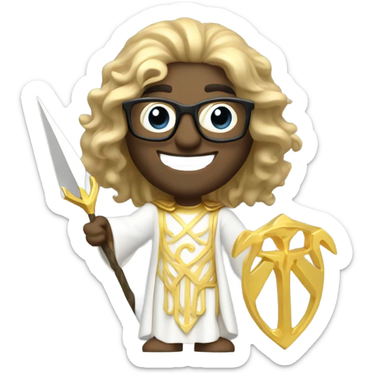 white Poseidon with gold Trident and nerd glasses. long hair white dress. smile . wink. profil position pointing  sticker