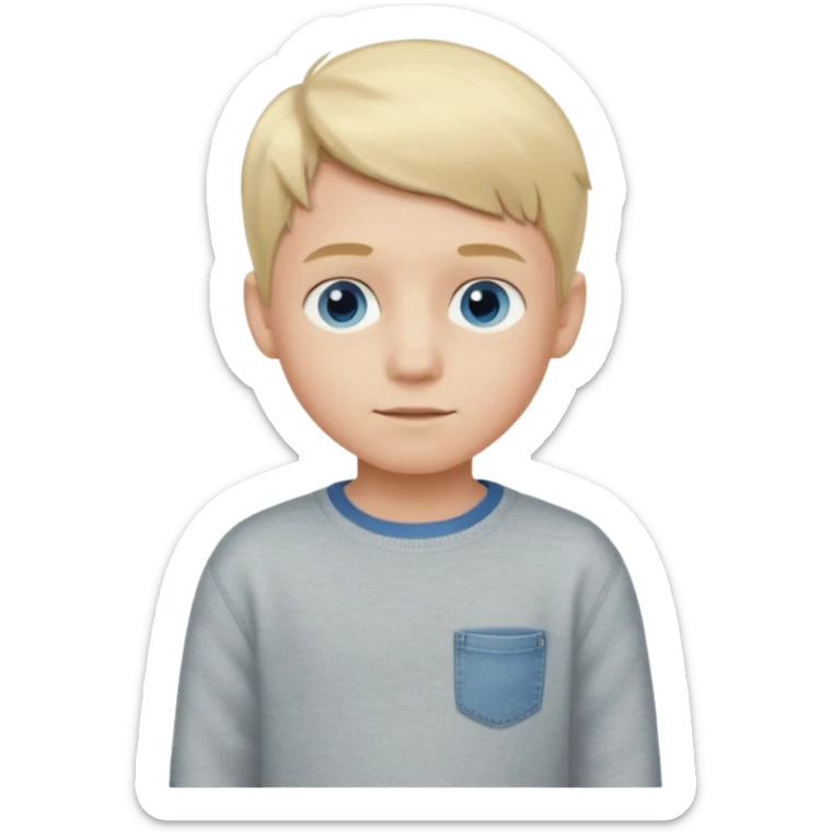 A 9 year old boy with blonde hair and blue eyes wearing grey jean shorts and cream jumper sticker