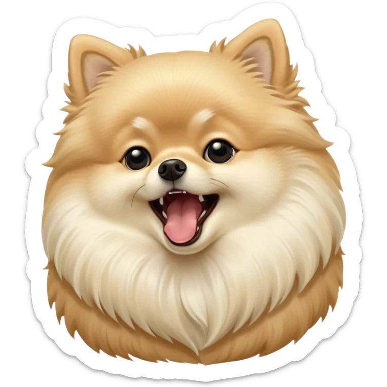 Cinematic Cute Yawning Cream Pomeranian Portrait Emoji, Head tilted slightly with a dramatic, wide-open yawn, showcasing a soft, fluffy cream Fur with gentle highlights, floppy ears slightly drooping, round dark eyes barely open in drowsy contentment, Simplified yet irresistibly adorable features, highly detailed, glowing with a soft, cozy glow, high shine, relaxed yet expressive, stylized with a touch of whimsy, bright and endearing, soft glowing outline, capturing the essence of a sleepy yet affectionate companion, so drowsy it feels like it could stretch right out of the screen and curl up for a nap! sticker
