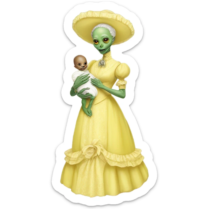  Reptilian alien woman, full body, in victorian jellow elegant dress, holds a newborn white humman baby sticker