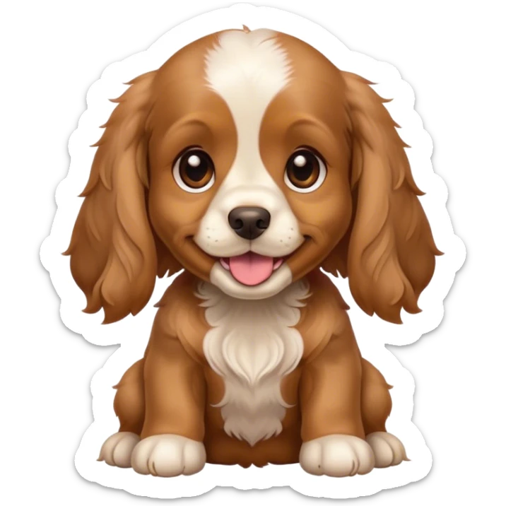 A cute baby cocker spaniel dog, with brown ears and back, and golden face and chest, with a very happy face sticker