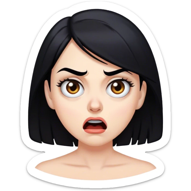 white woman black hair with face of shock, fear, disgust, and a raised eyebrow sticker