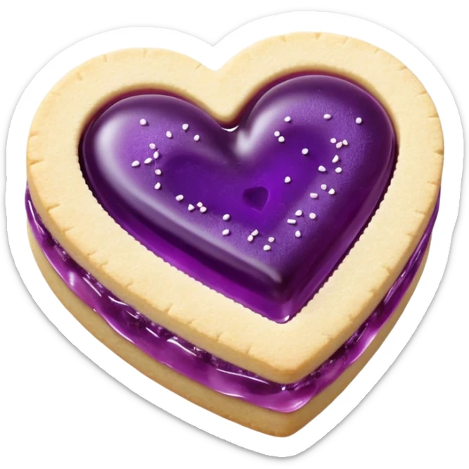 Realistic shortbread cookie in the shape of a heart with violet jelly middle filling and sprinkled powder sugar on top. sticker