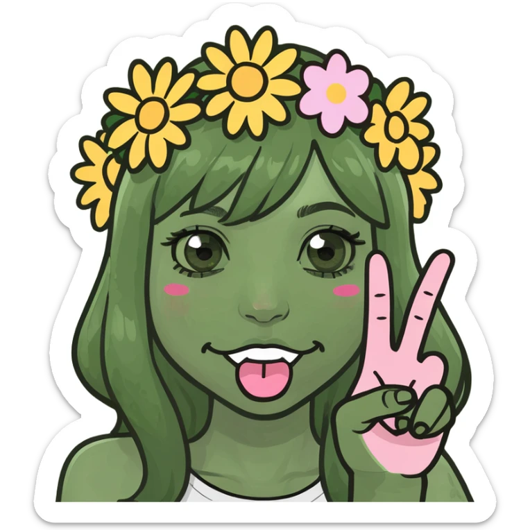 girly character sticking tongue out and showing peace hand sign, meme emoji style, over-the-top playful sticker
