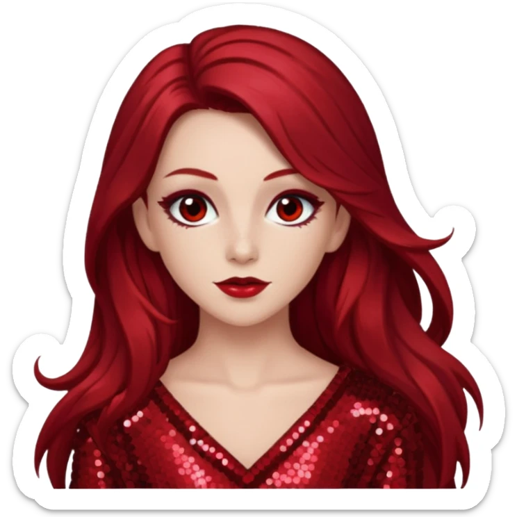 Chappell Roan (b.1998) with long dark red hair, red sequin outfit, makeup sticker