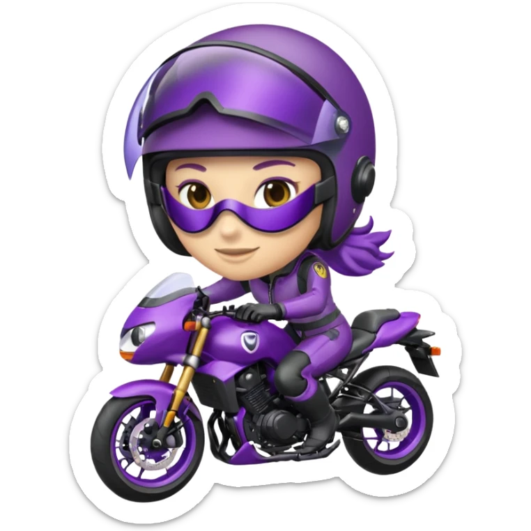 Créer un emoji avec une moto mt07 sport noir mate / violet iridescent très foncé, pare-brise de la moto violet. Avec une femme pilote dessus, visage masqué par la visière violette . Avec en arrière plan cercle violet. sticker