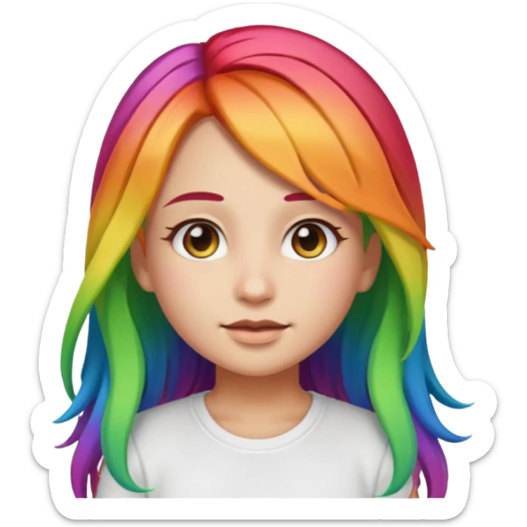 girl emoji with long rainbow hair, she's wearing a white top and has light olive skin  sticker