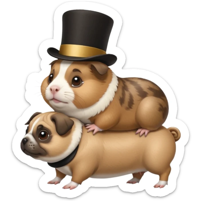 a cute guinea pig wearing a top hat riding on the back of a pug dog sticker