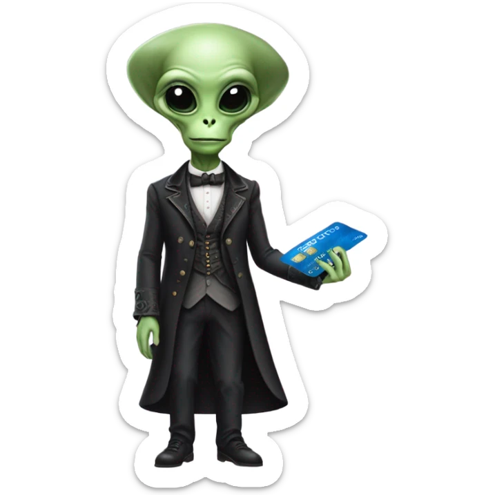 alien galora in Victorian dress elegant, full body, holding big credit card sticker