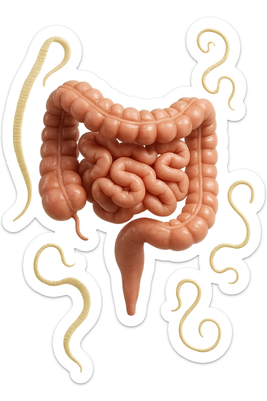 INTESTINO UMANO ANATOMICO REALISTICO FLUTTUA IN ARIA INSIEME A PARASSITI COME LA TENIA, SFONDO CHIARO, iperrealistico 4k sticker