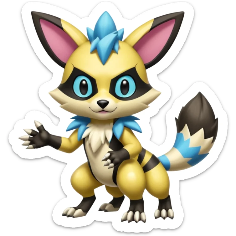 Modern anthropomorphic furry futuristic shiny colorful Zeraora-Minccino-Pichu-Obstagoon-WereGarurumon-fusion (full body) sticker