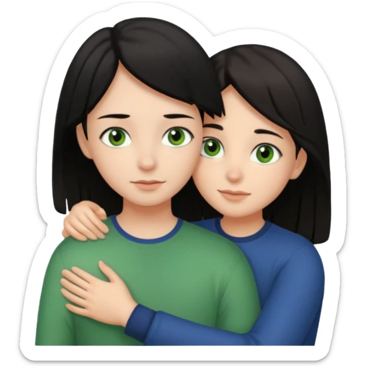 Girl with brown eyes and black hair hugging a boy with green eyes and brown hair sticker
