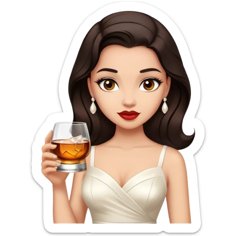Beautiful woman in 1950’s woman fashion look, white dress, long dark brown hair, whisky with ice sticker