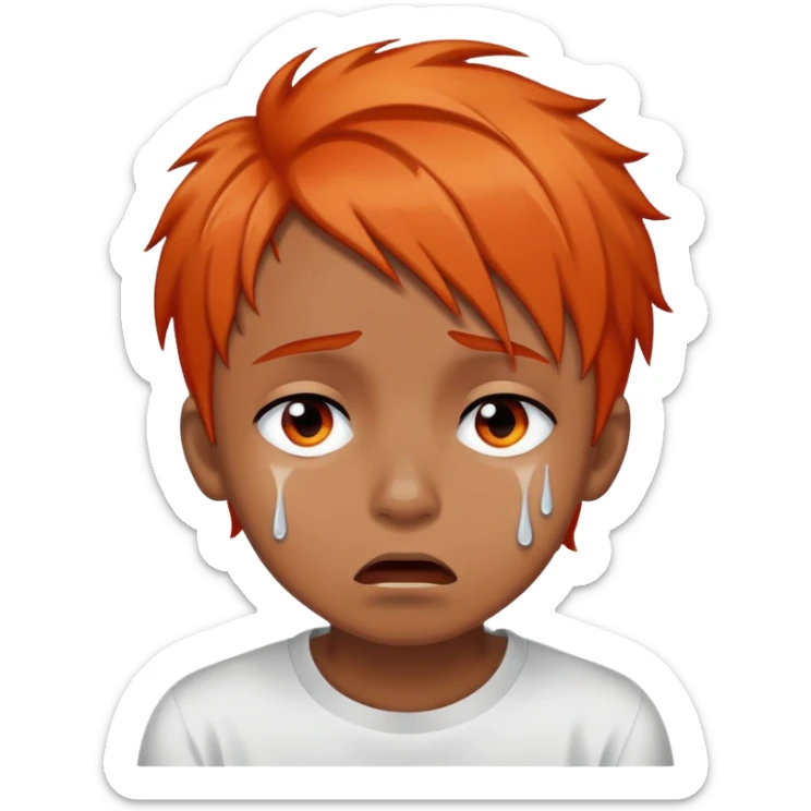 brownskin boy with emo orange hair, red and black eyes, crying white tears, more cartoonish sticker