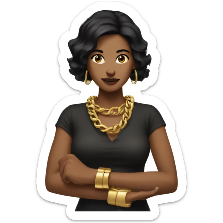 Woman with black hair, arms forming an X. big golden bracelets. sticker