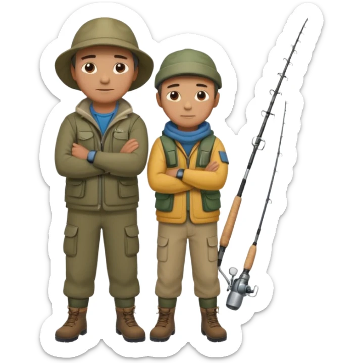 Father and son in fishing gear, arms crossed because they are cold full body sticker