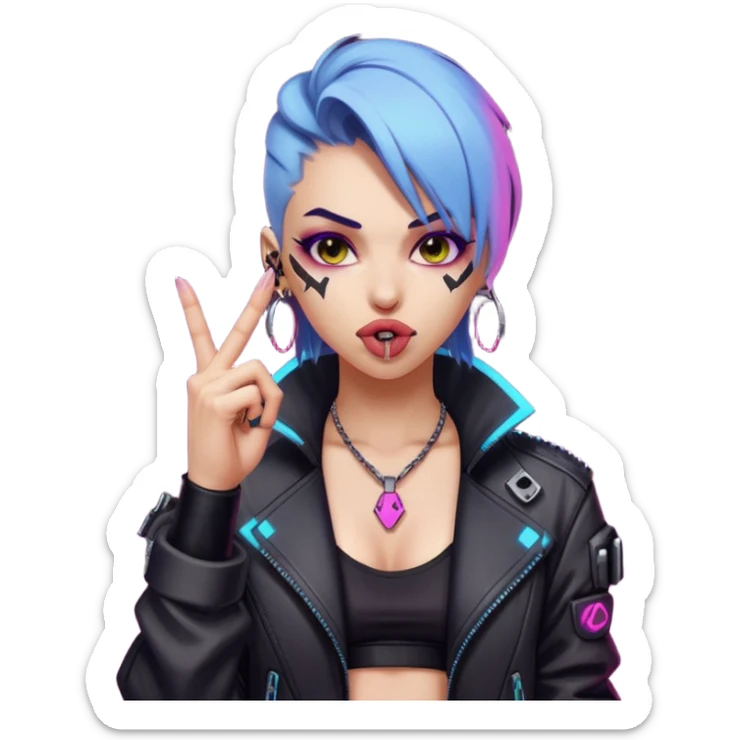 Woman with her tongue out in cyberpunk clothing and giving the middle finger. Looking naughty. sticker