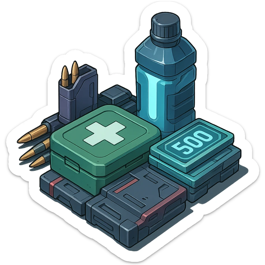 the image is the icon for a videogame  item. futuristic cyberpunk -ready to equip- it is master craftsmanship [ unequipped item ]
It is a pile of miscilaneous loot, some ammunition, credits, first-aid, and a hydrator, neatly bunched together, isometric view, orthographic - style of anime - neatly staged sticker
