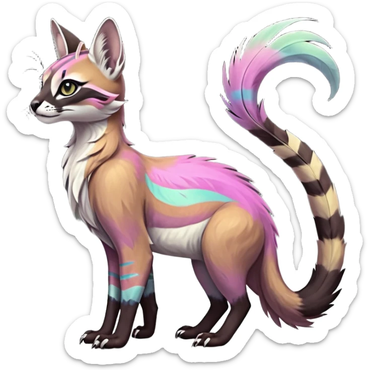 Colorful dark tropical feathery tribal pale light fruity pastel white glorious iridescent divine exotic cute cool beautiful beautiful fantasy-caracal-civet-genet-sergal-vernid-Gryphon-Cacomistle-Trico-oncilla-animal-Fakémon-hybrid-fursona (full body) sticker