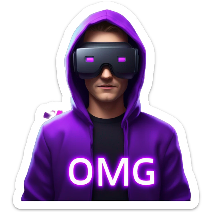 Russian man wearing a black hoodie with "OMG" letters on it and VR headset in a cyberpunk VR environment with violet neon lighting. sticker