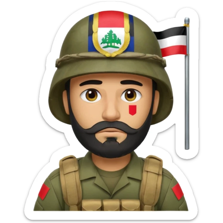 A very tired and sad, swarthy Iraqi soldier with a beard, an Iraqi flag on his helmet, a sad expression and bags under his eyes sticker