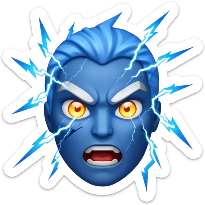 Rayos, centellas y estrellas en una cara color azul con expresiones de furia sticker