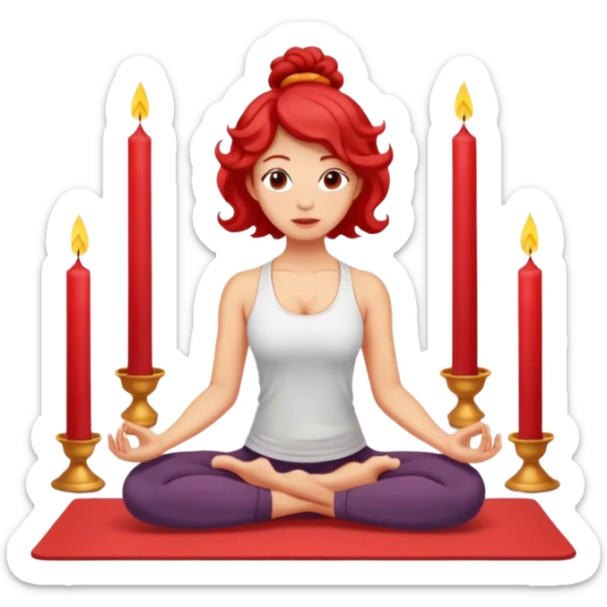 Light skin, yoga, red curled hair shoulder length, candles on the yoga mat sticker