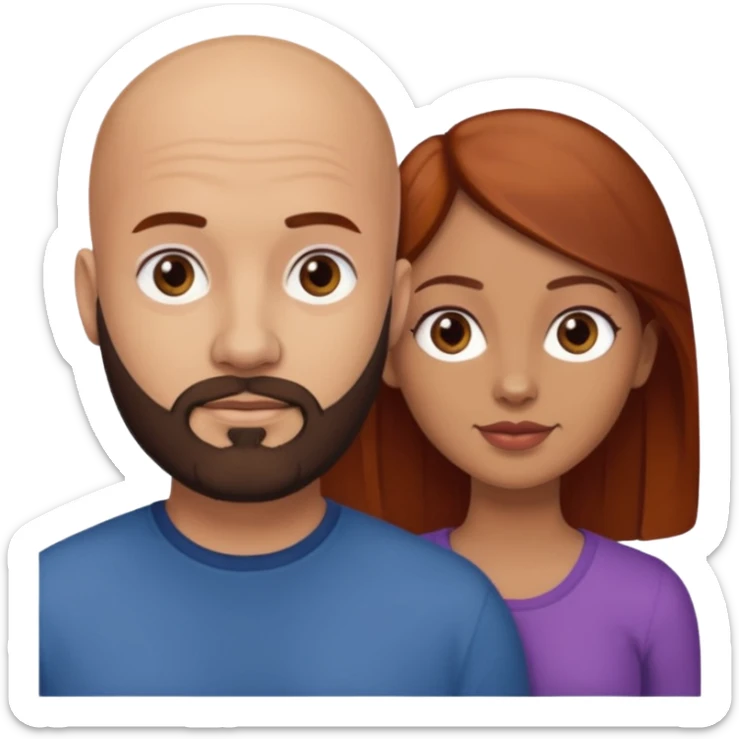Couple. A bald man with dark brown beard and a girl with light skin. She is a redhead and has dark yellow brown auburn hair. Different skincolor. She has very light skin. sticker