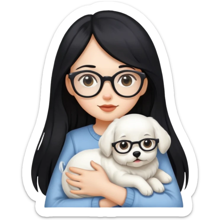 A girl with long black hair and glasses holding a white dog sticker