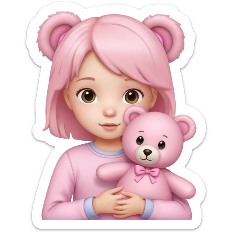 cute toddler girl with pastel pink clothes holding a pink teddy bear sticker